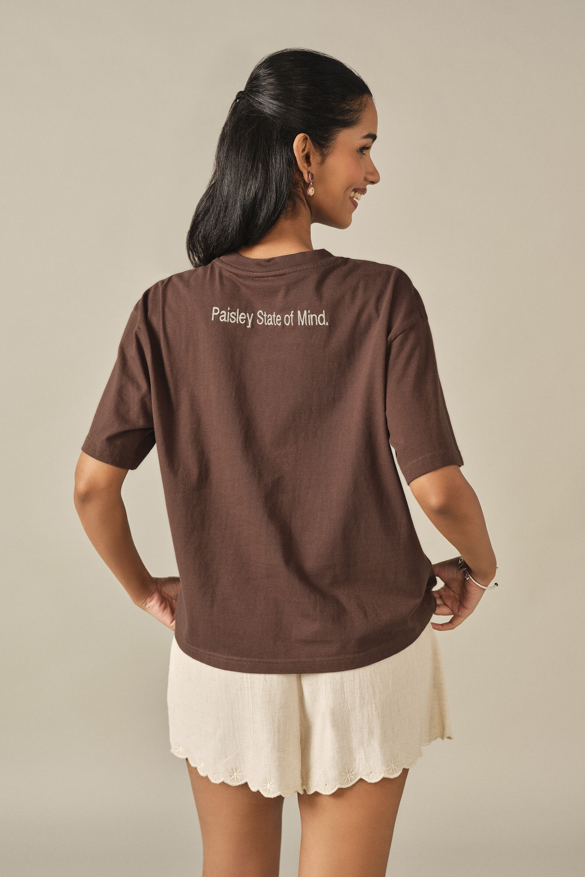 Embroidered Cotton T-shirt in Brown, Brown, image 6